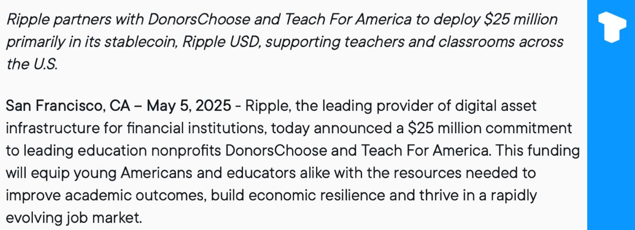 Ripple 已承诺向 DonorsChoose 和 Teach For America 投入 2500 万美元