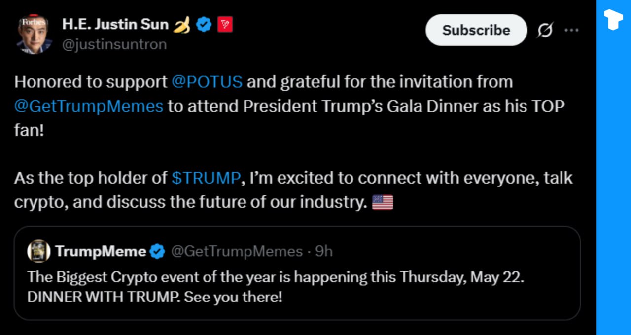 TRON founder Justin Sun is set to meet former President Donald Trump on May 22 as the top holder of the TRUMP memecoin