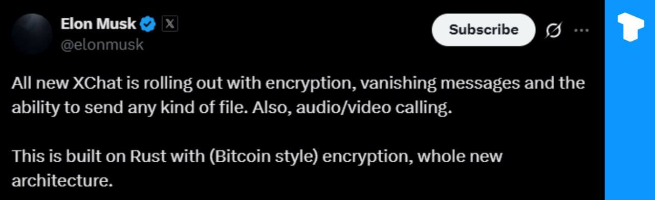 Elon Musk said XChat will feature Bitcoin-style encryption