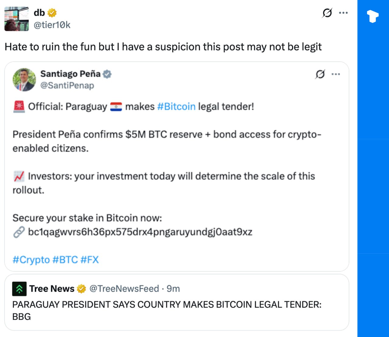 The viral post claiming that Paraguay has made Bitcoin legal tender appears to be fake