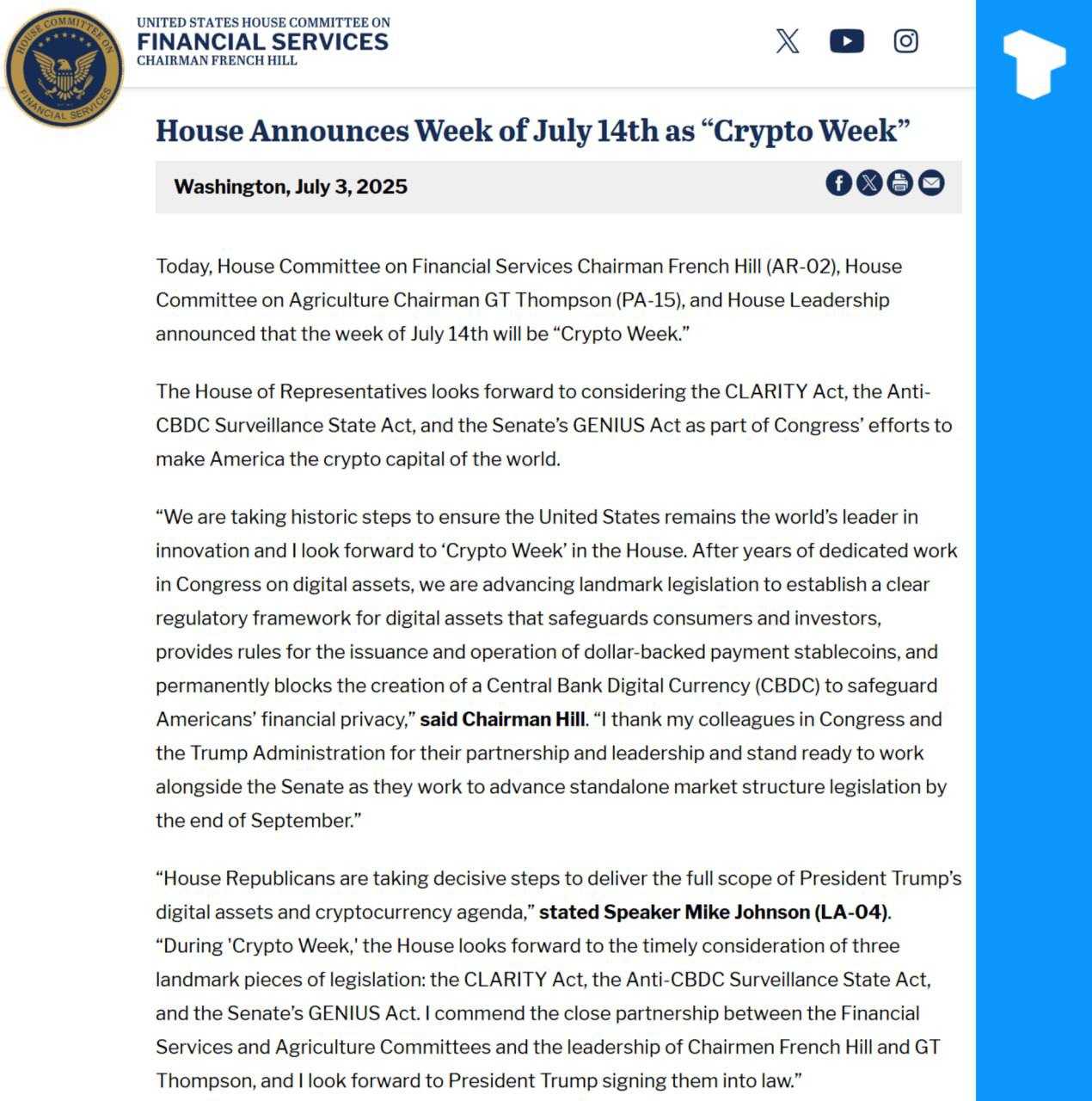The U.S. House will hold “Crypto Week” starting July 14