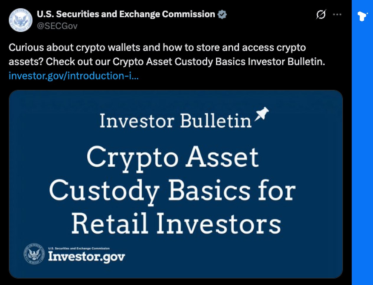 The U.S. Securities and Exchange Commission announced new guidance to help retail investors manage their cryptocurrency holdings more safely