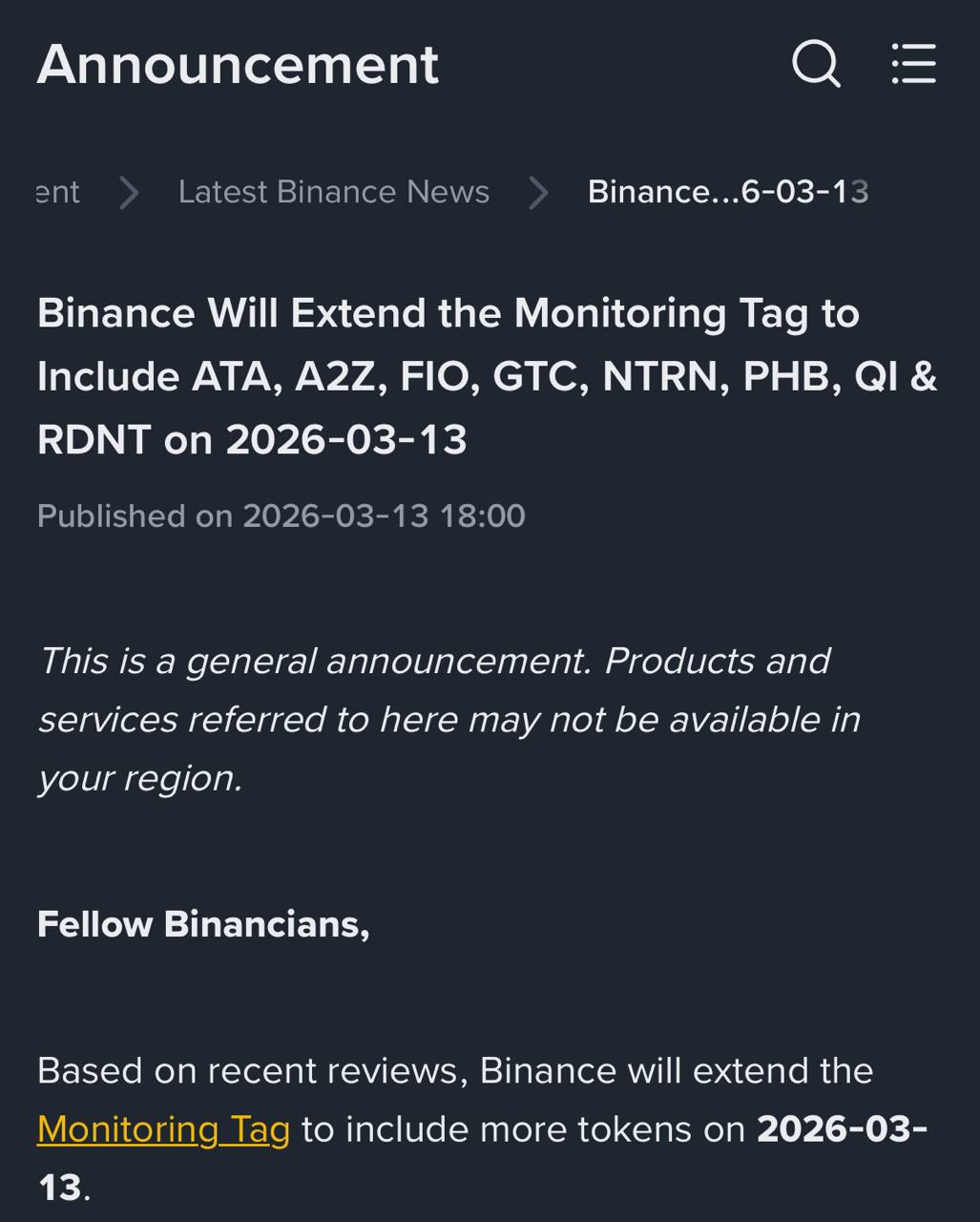 币安将多只币种列为风险警示